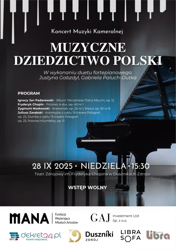 Plakat koncertu muzyki kameralnej "Muzyczne Dziedzictwo Polski", które odbędzie się w Dusznikach-Zdrój 29 września 2025 roku