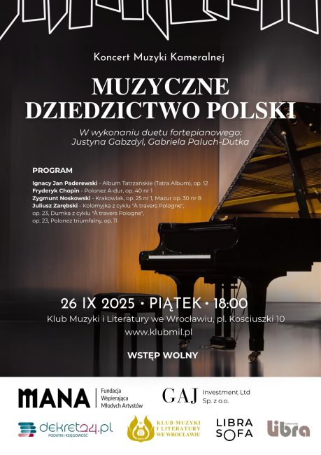 Plakat koncertu muzyki kameralnej "Muzyczne Dziedzictwo Polski", które odbędzie się we Wrocławiu 26 września 2025 roku