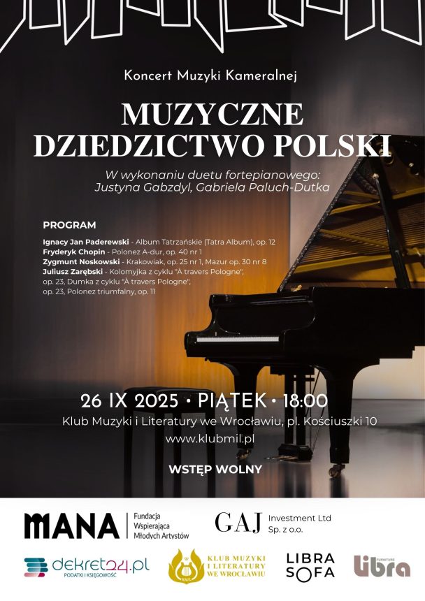 Plakat koncertu muzyki kameralnej "Muzyczne Dziedzictwo Polski", które odbędzie się we Wrocławiu 26 września 2025 roku