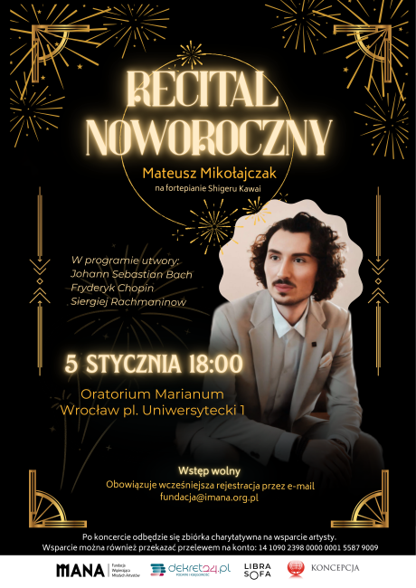 Plakat recitalu noworocznego na którym znajduje się Mateusz Mikołajczak